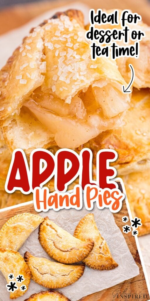 Cut open Apple Hand Pie with text overlay.