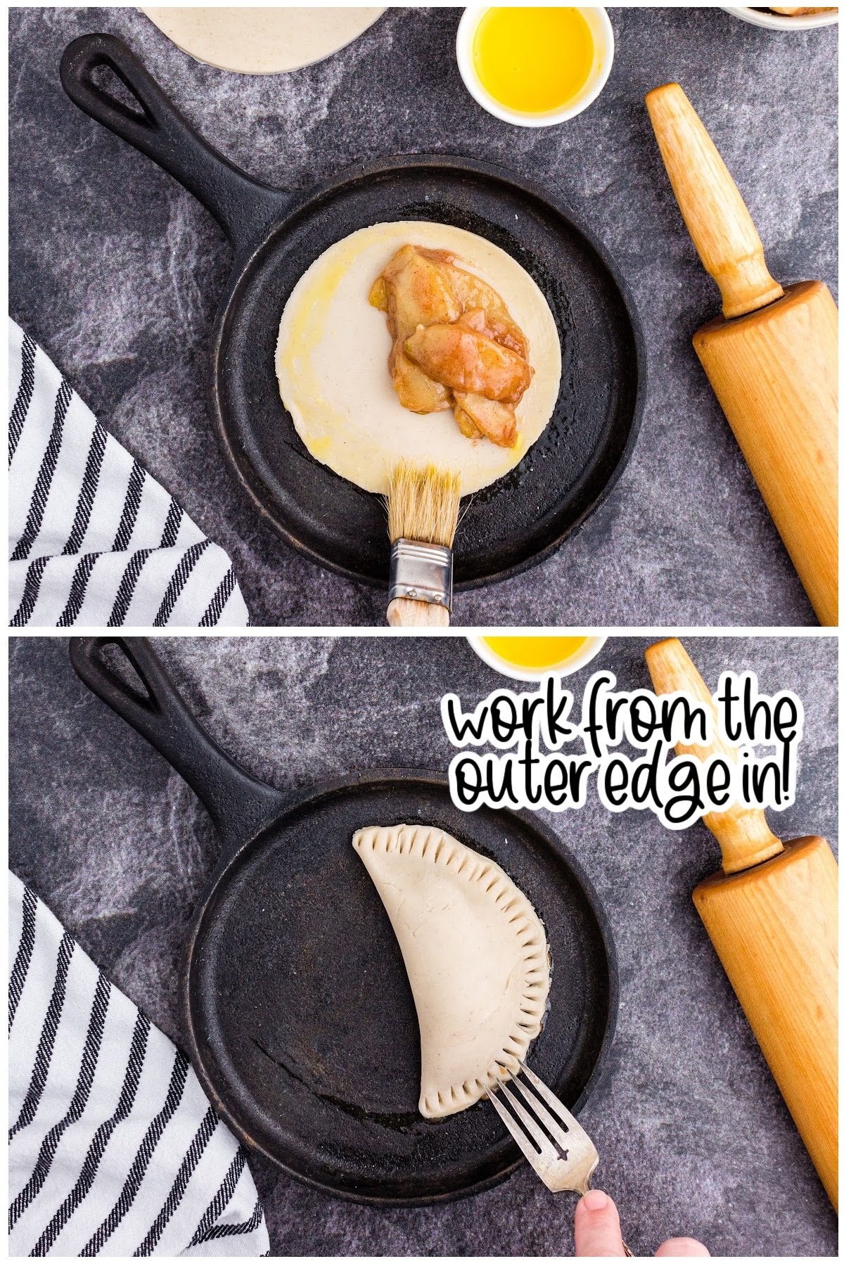 Two photos showing the steps to moisten the outside of the dough and then folding it and scoring it on the side to seal.
