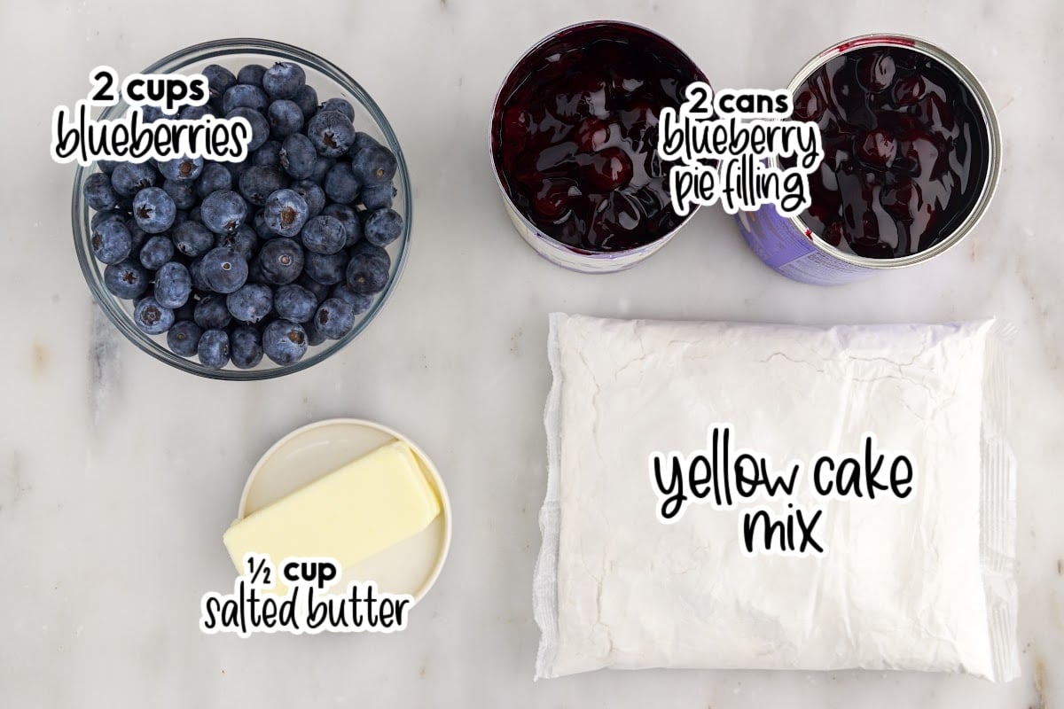 ingredients needed to make Blueberry Dump Cake with text overlay.