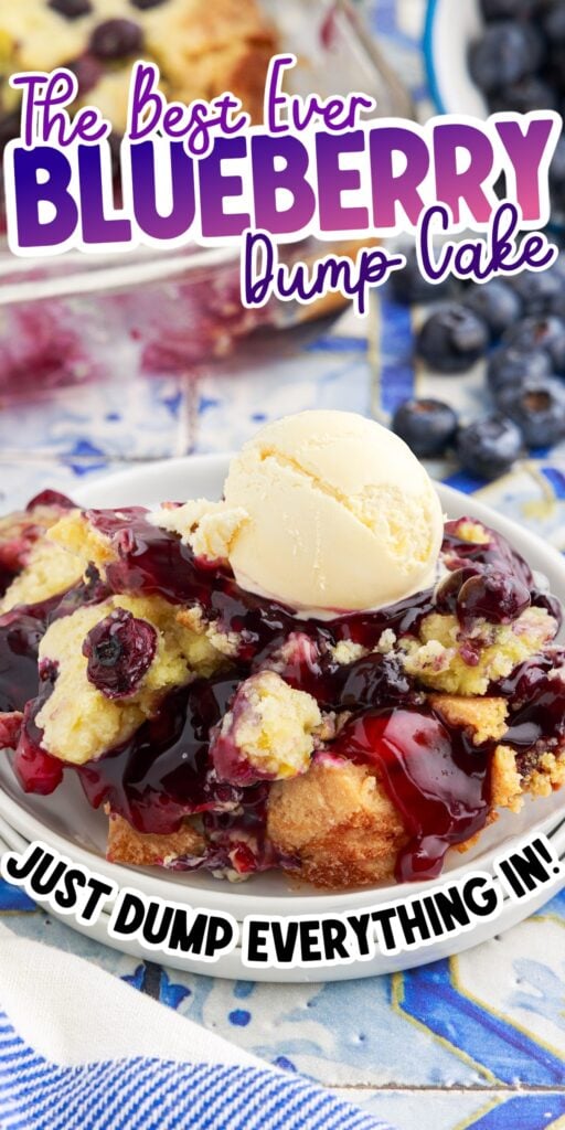 Blueberry Dump Cake in a dish with ice cream with text overlay.