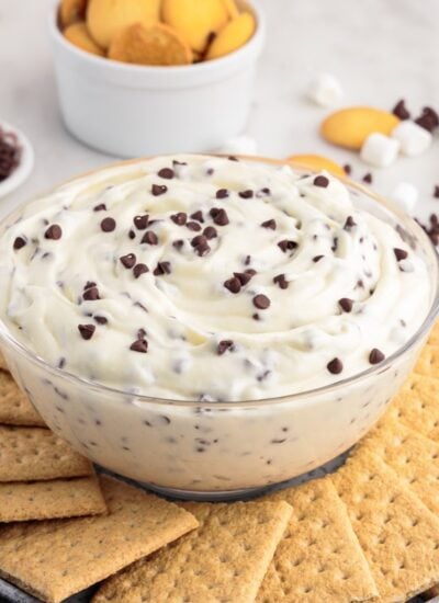 Large bowl of booty dip surrounded by graham crackers and smaller bowls of other dippers.