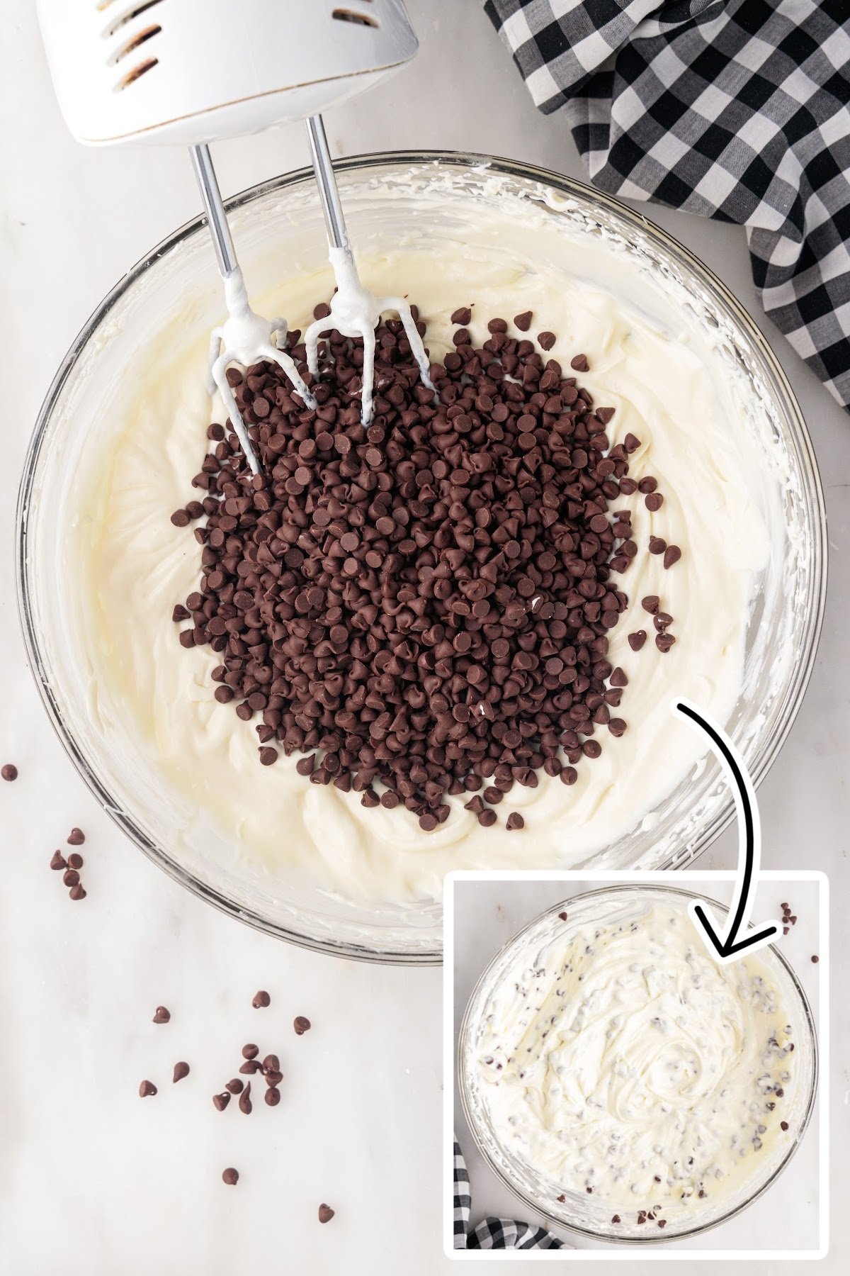 Adding in the mini chocolate chips into the mixture.