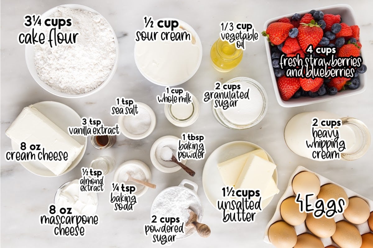 Individual ingredients needed for Chantilly Cake recipe with text labels.
