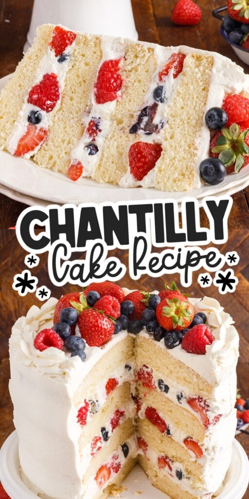 Chantilly Cake with frosting and berries and one slice removed.