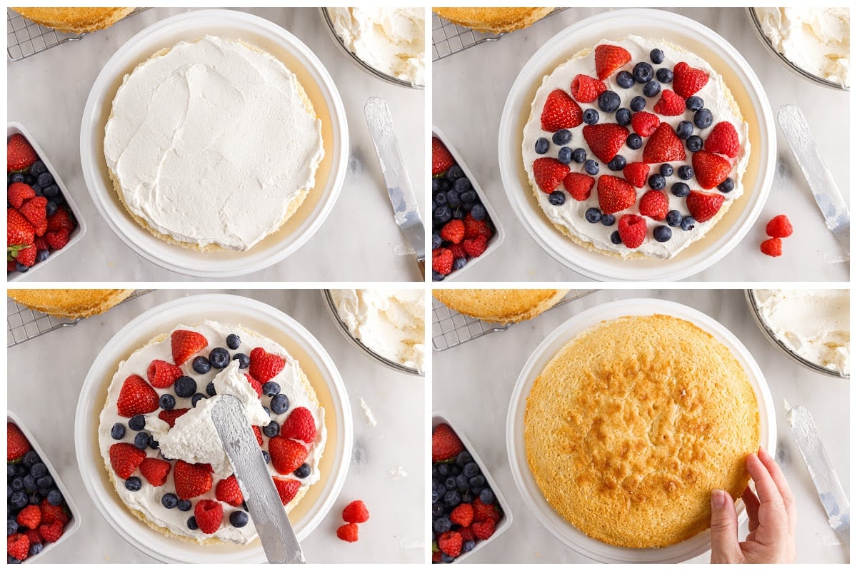 Four photos with steps to frost and layer the Chantilly cake with berries and cream.