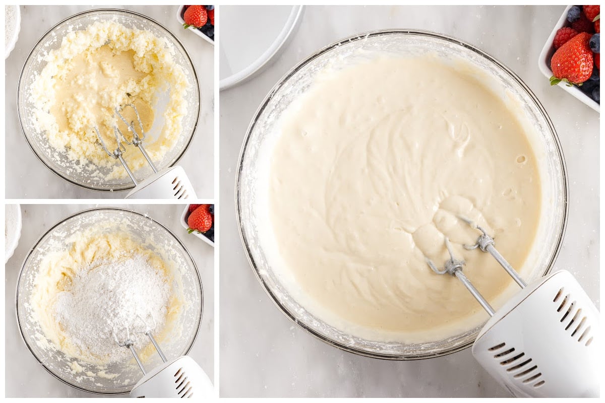 Glass mixing bowl with cake batter before and after adding milk and dry ingredients.