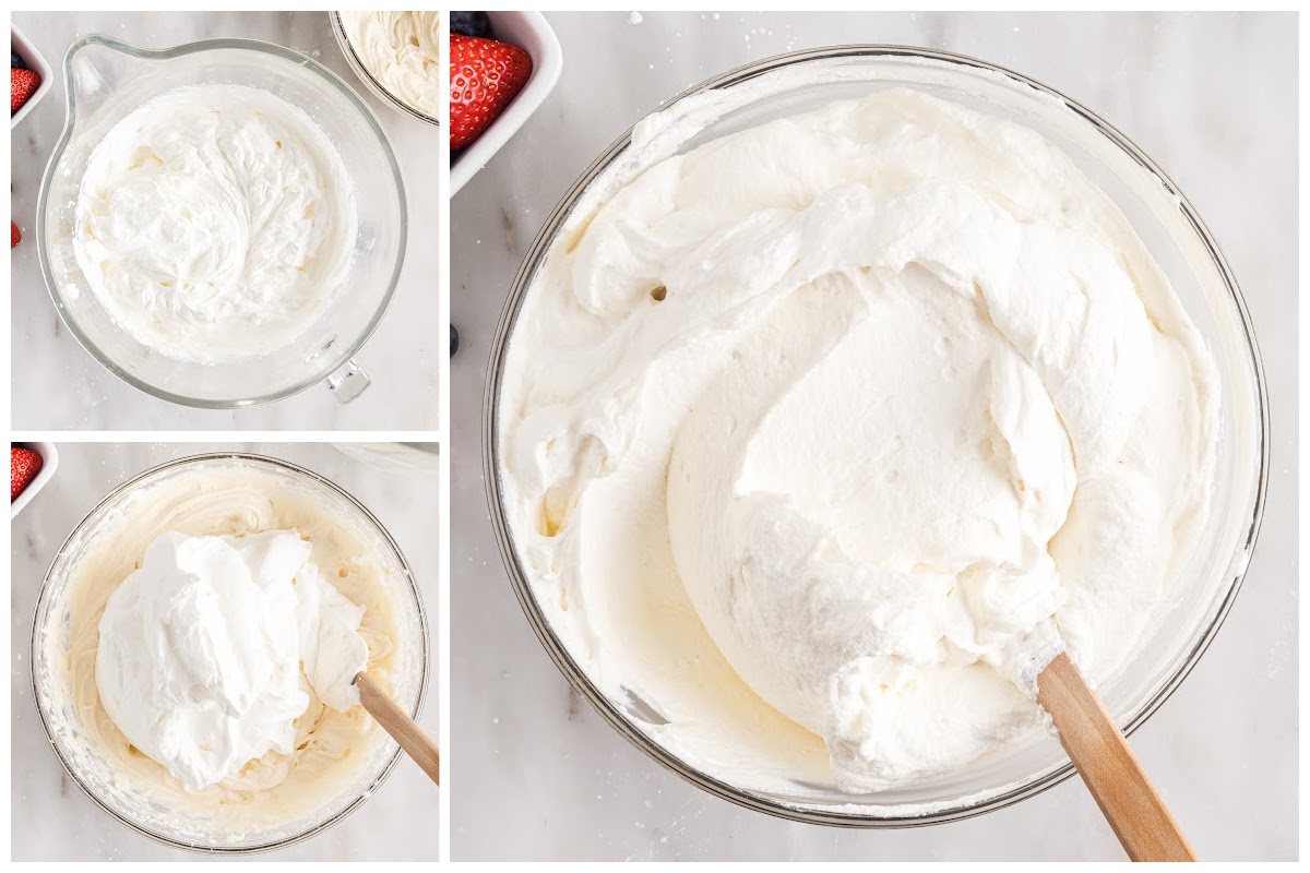 Three photos showing the steps of making the whipped cream and then mixing it together.
