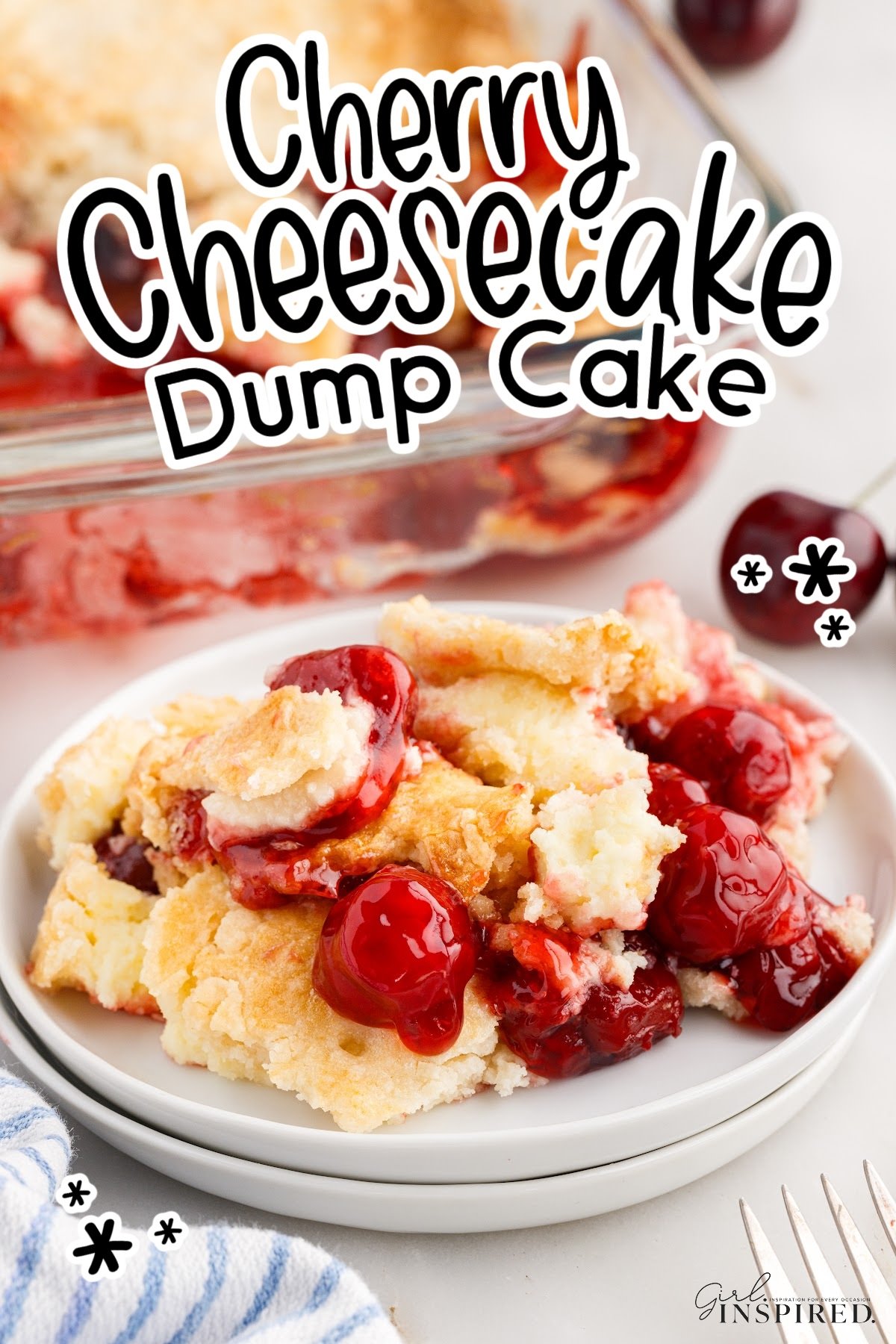 A plate of a serving of Cherry Cheesecake Dump Cake with text overlay.