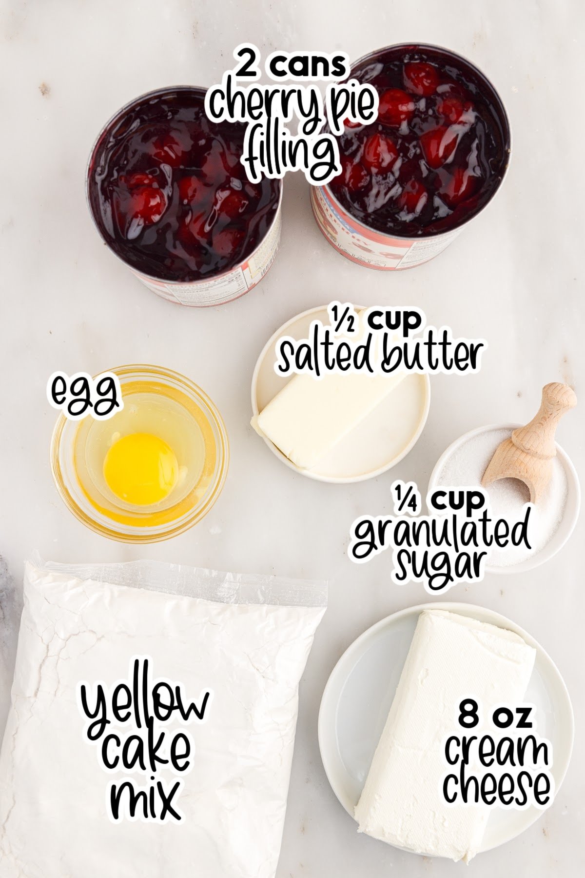 Ingredients needed to make Cherry Cheesecake Dump Cake with text overlay.