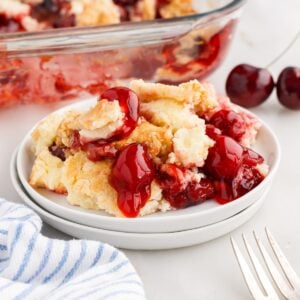 Front close up of a serving of Cherry Cheesecake Dump Cake.
