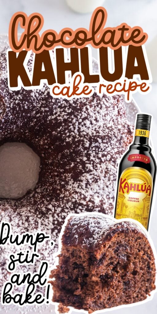 Whole Chocolate Kahlua Cake with powdered sugar on top and a bottle of Kahlua on the side.