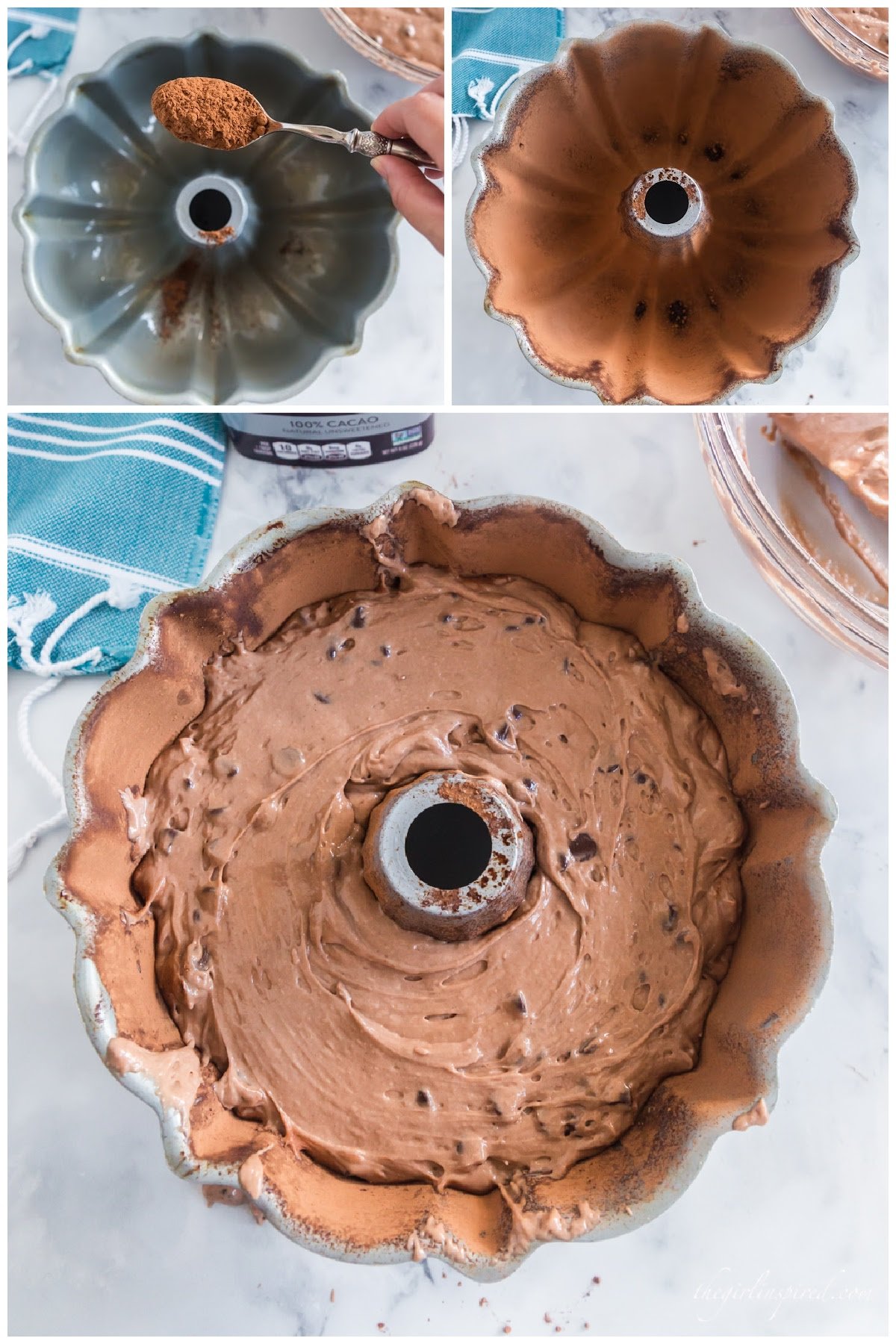 Cake batter poured into the prepared bundt pan.