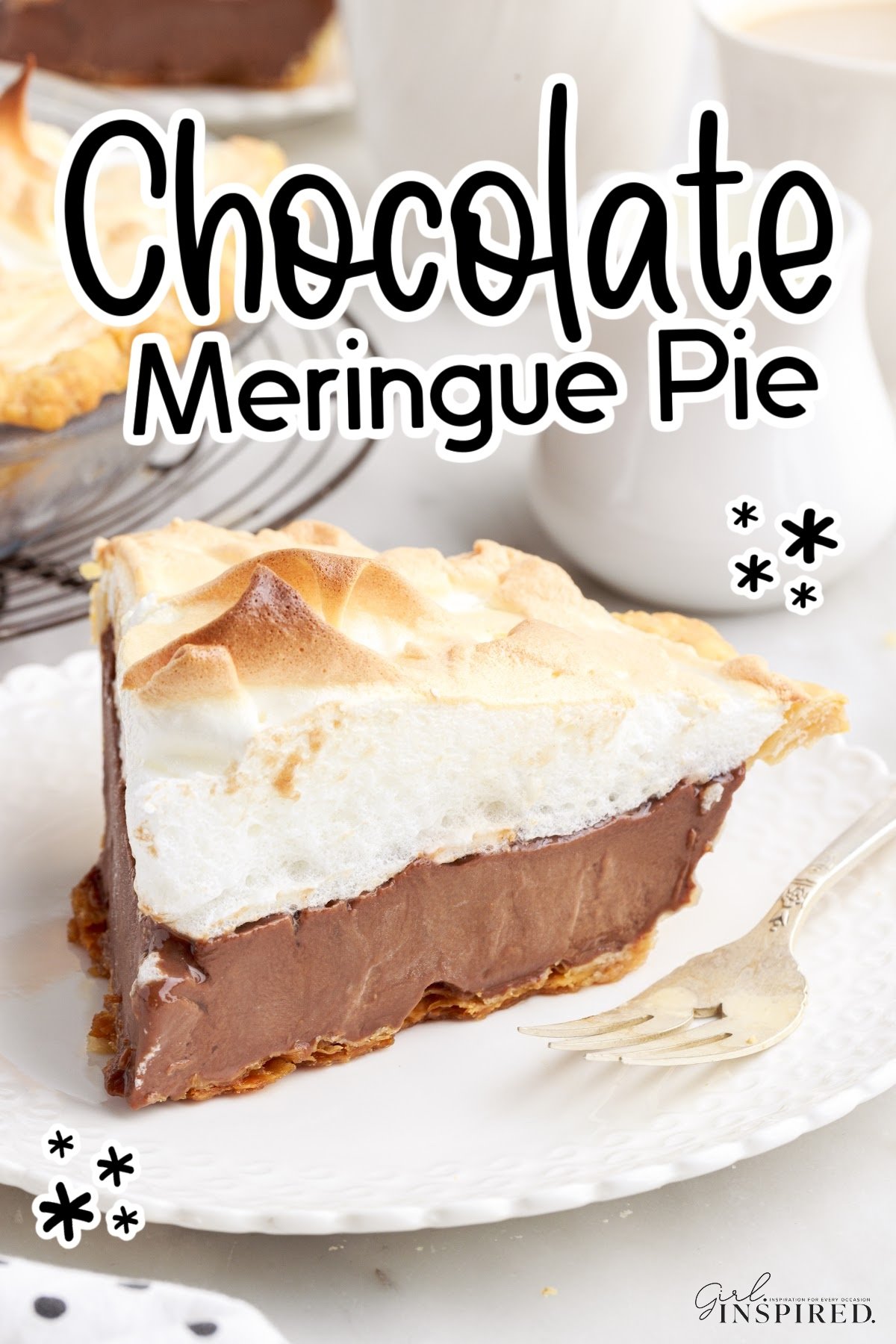 Slice of Chocolate Meringue Pie with text overlay.