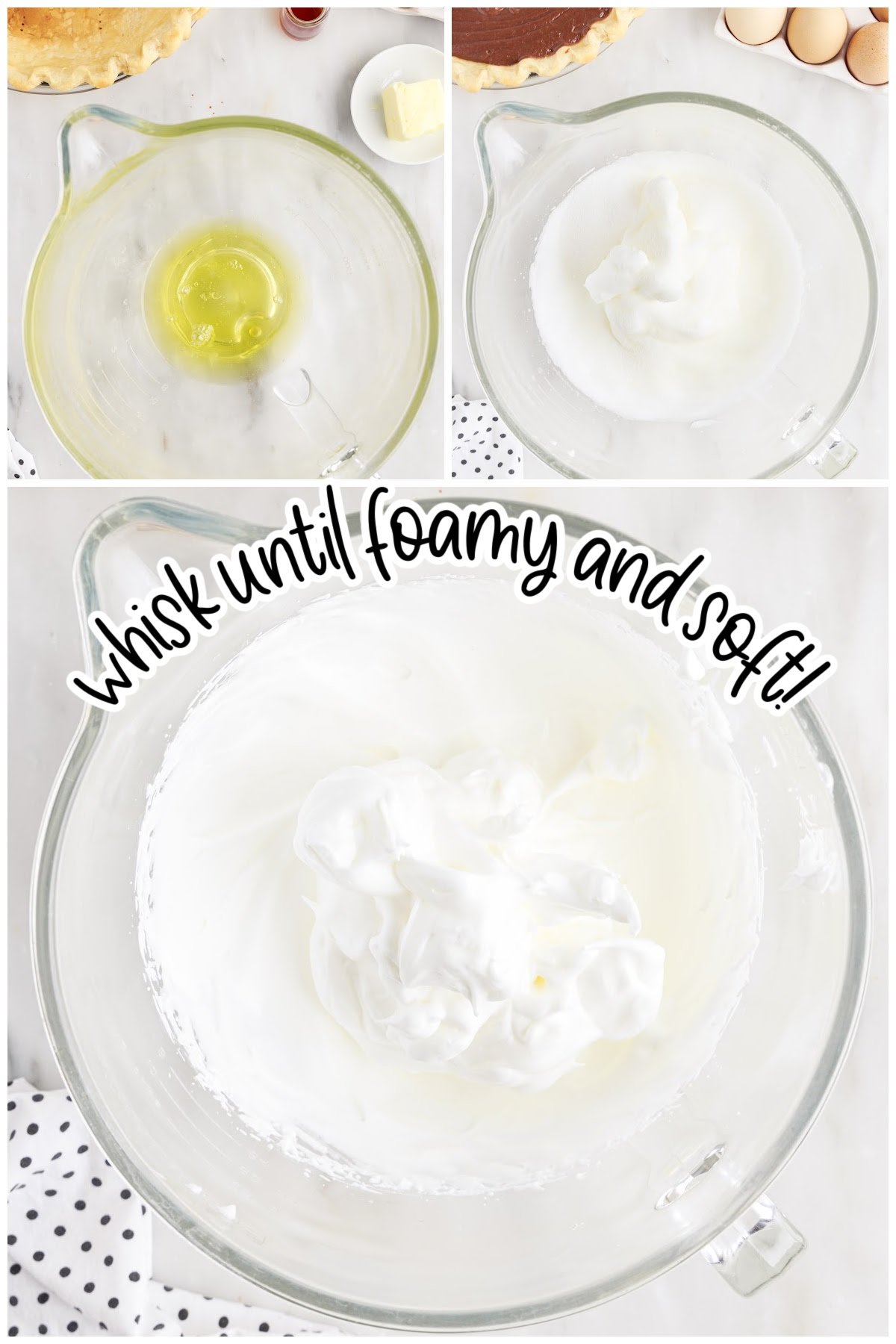 In a large bowl, mix egg whites until foamy and soft.  Ad in the sugar and cream of tartar until stiff peaks form.