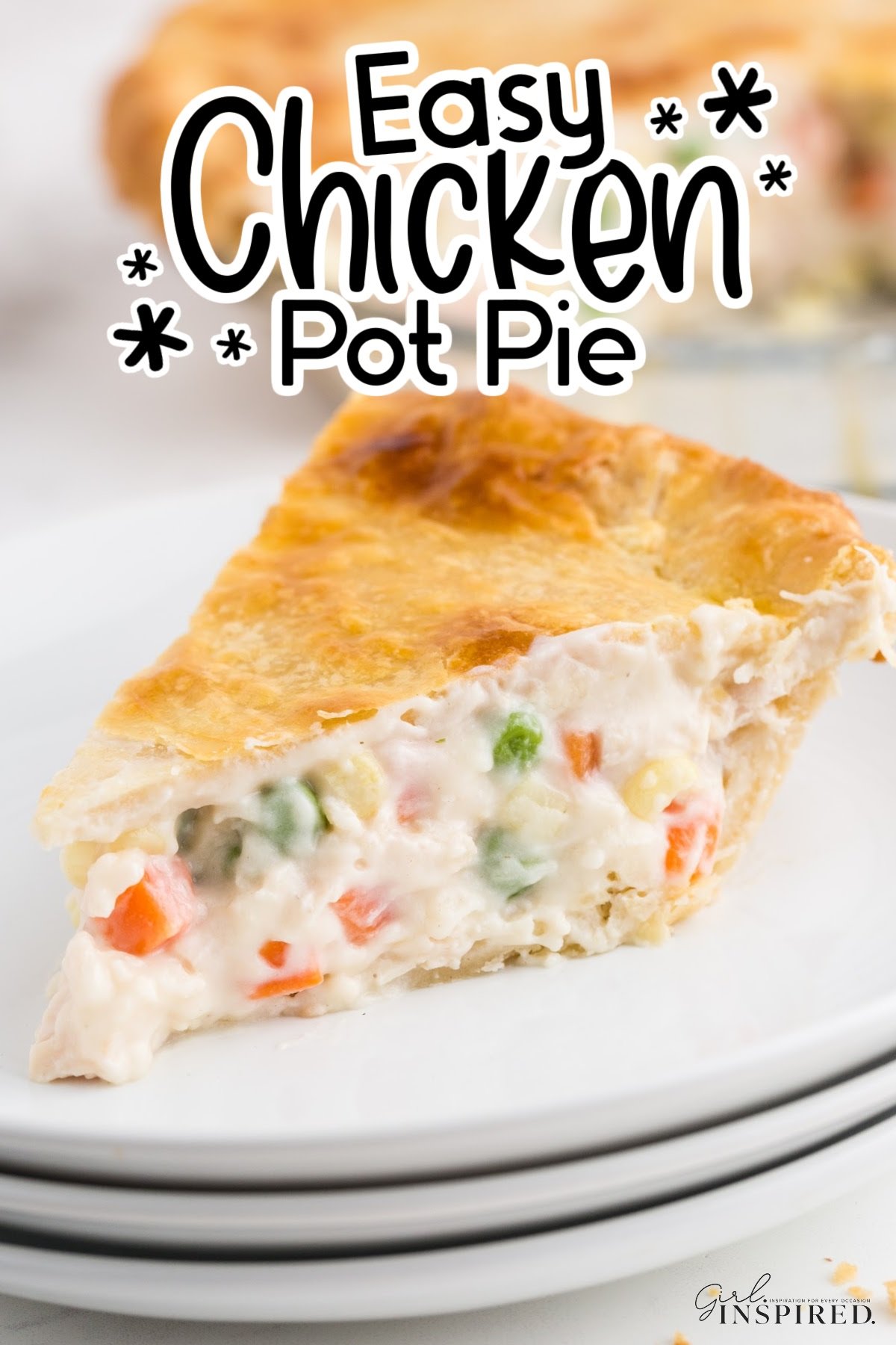 A serving of creamy chicken pot pie on plates with text overlay.