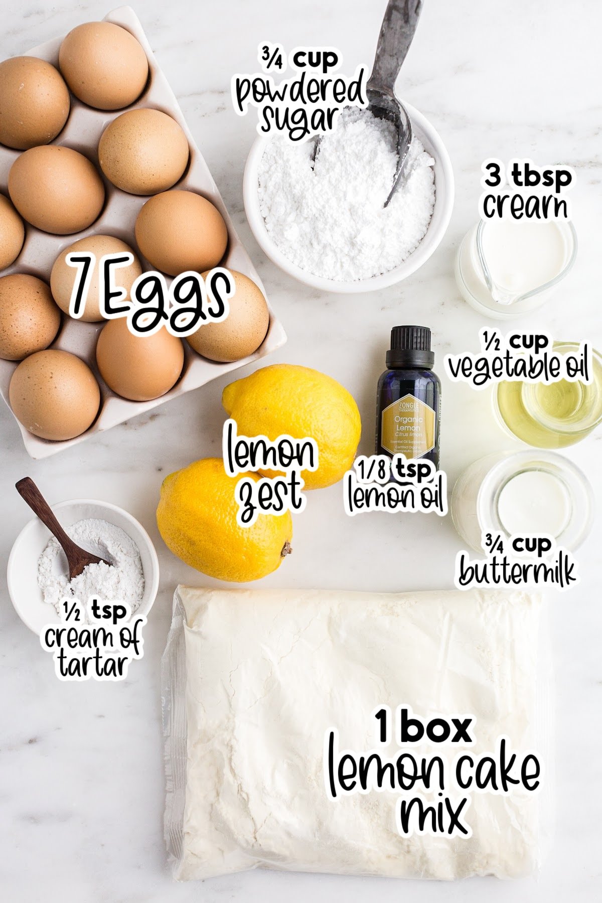 All ingredients set out for recipe in small bowls and egg carton with text overlay.