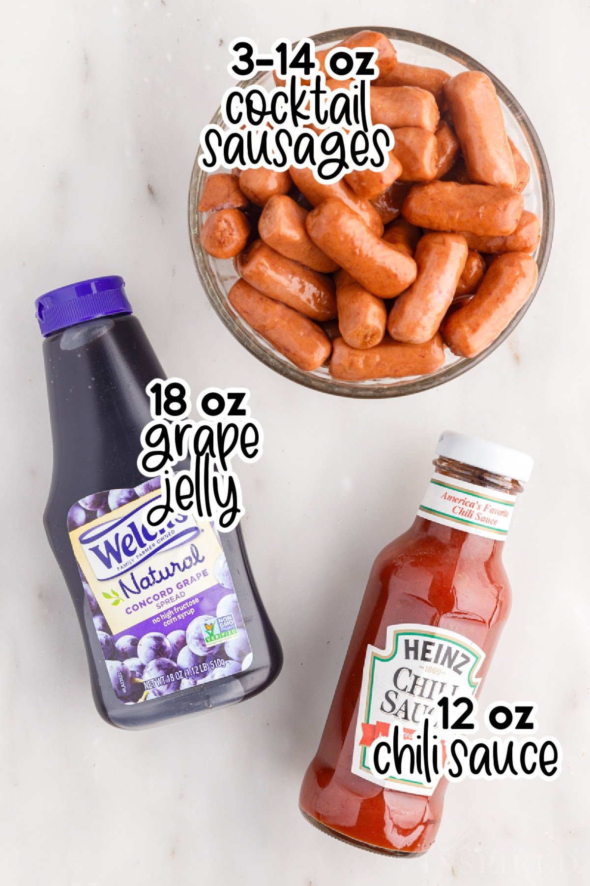 Ingredients labeled to make little smokies in grape jelly in the slow cooker.