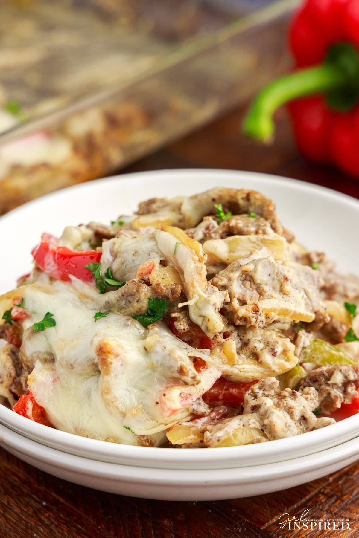 Philly Cheesesteak Casserole on a plate.