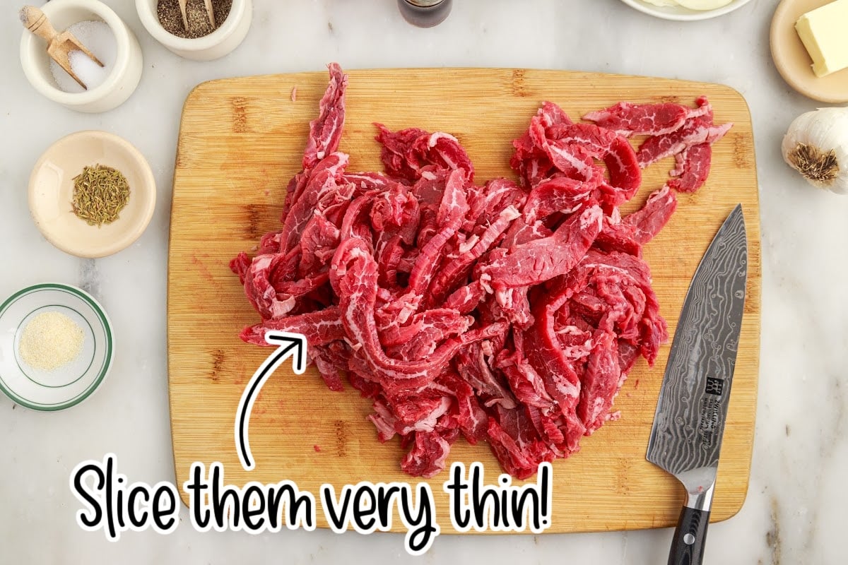 Steak sliced into thin pieces with text overlay.