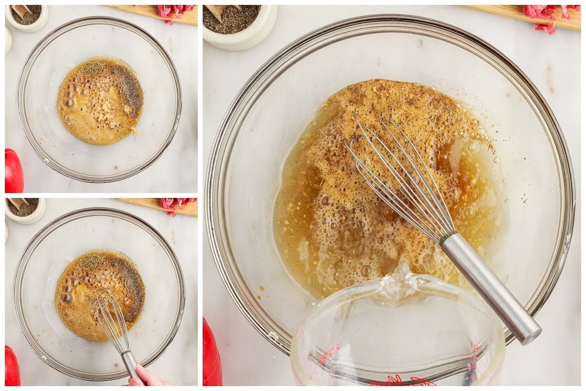 Three images of Philly Cheesesteak Casserole marinade being made.