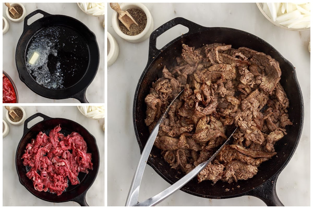 Three images of a skillet with butter, steak added, and steak browned.