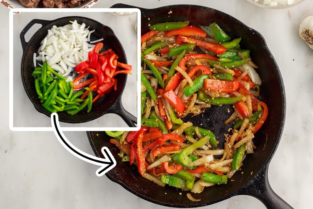 Two images of a cast iron skillet of veggies before and after cooking.