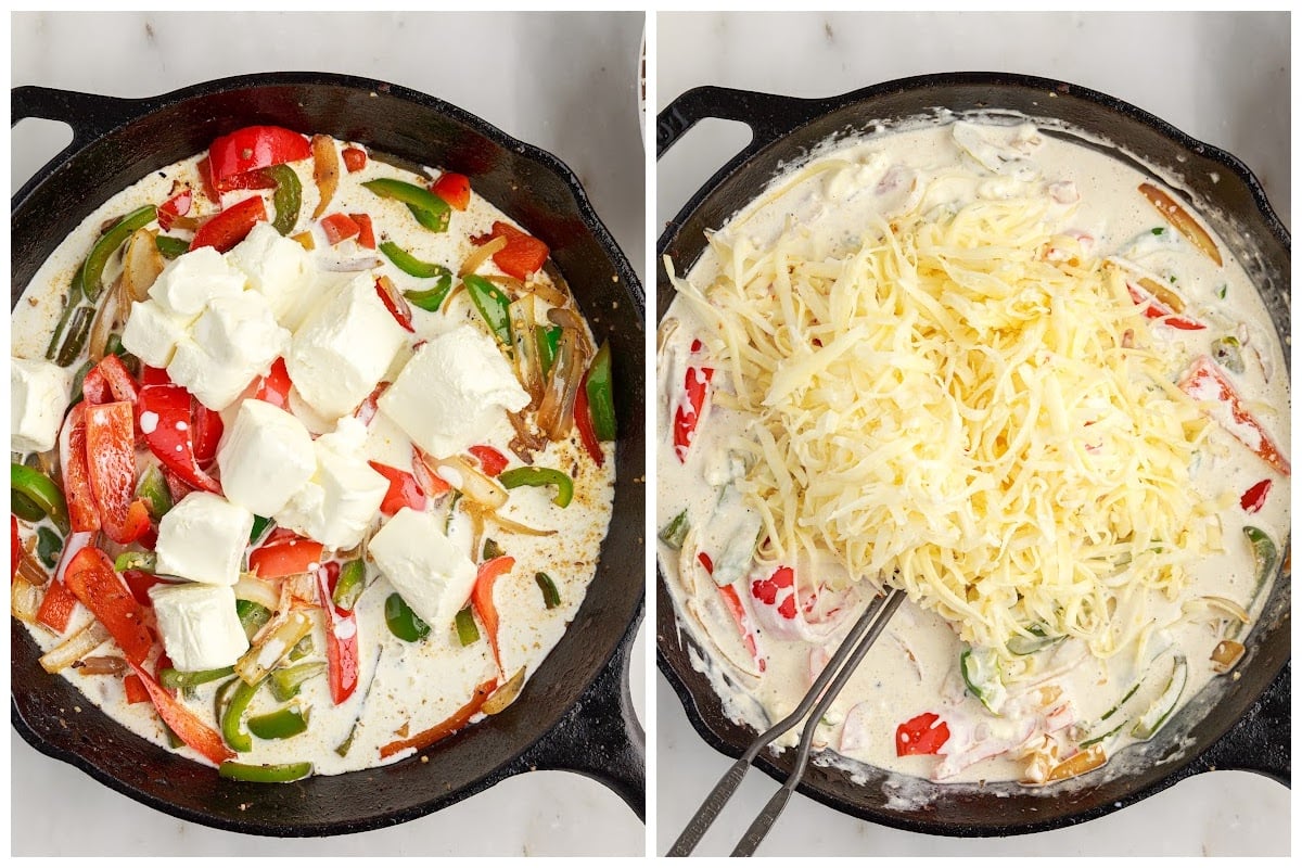 Two images of veggies with cream cheese added and mozzarella cheese added.