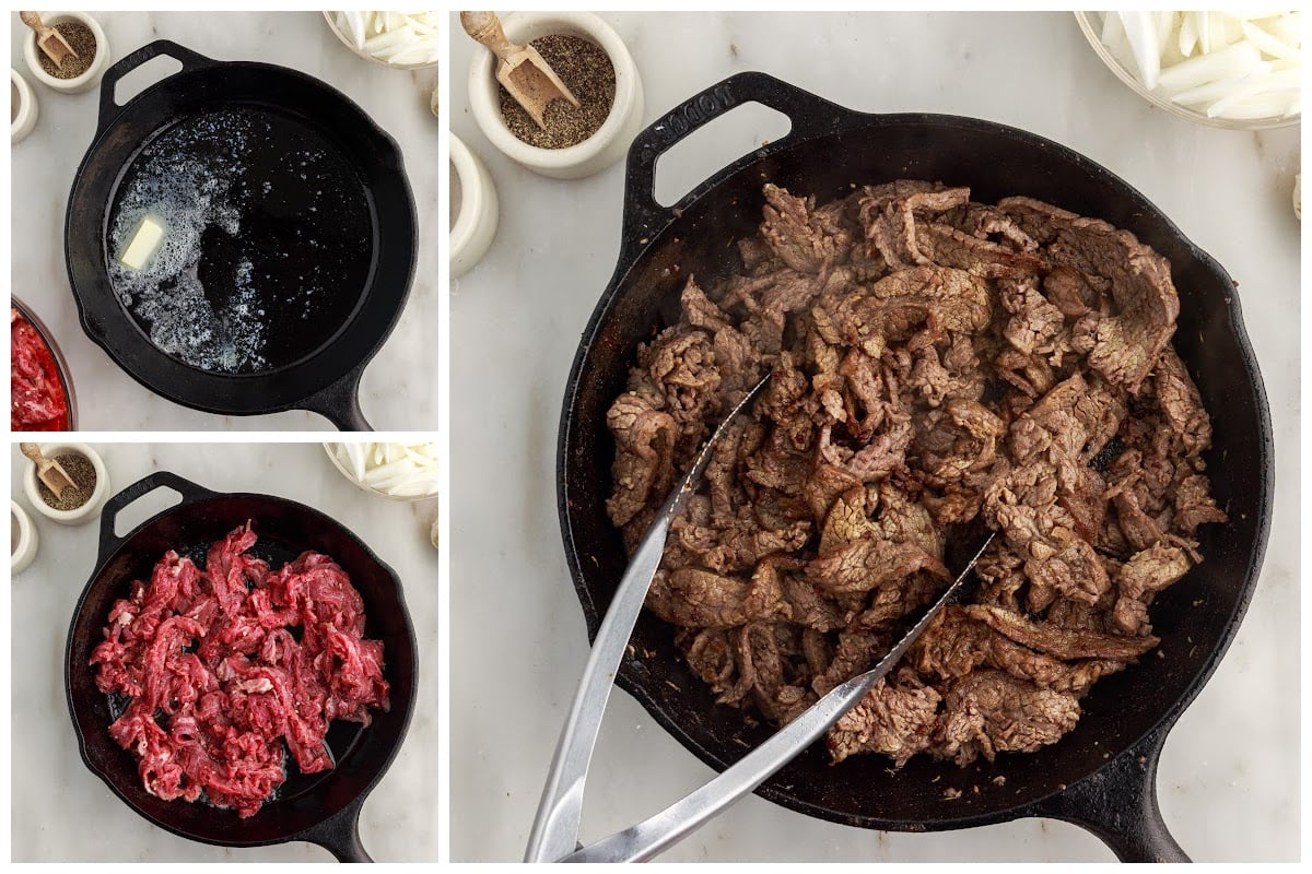 Three images of butter added to a skillet, steak added to the skillet, and steak after browned.