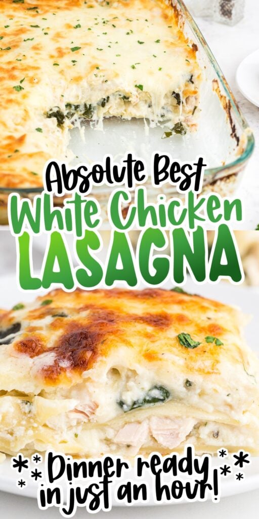 Slice of white chicken lasagna with text overlay.
