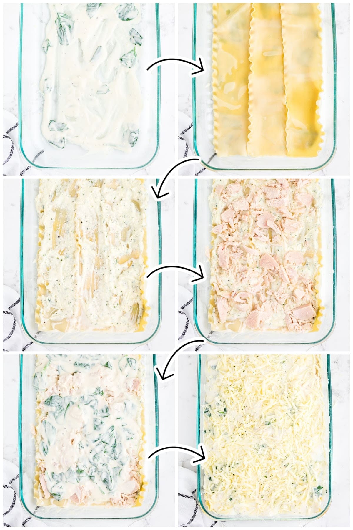 All steps broken down for layering the lasagna.  Six total photo steps.
