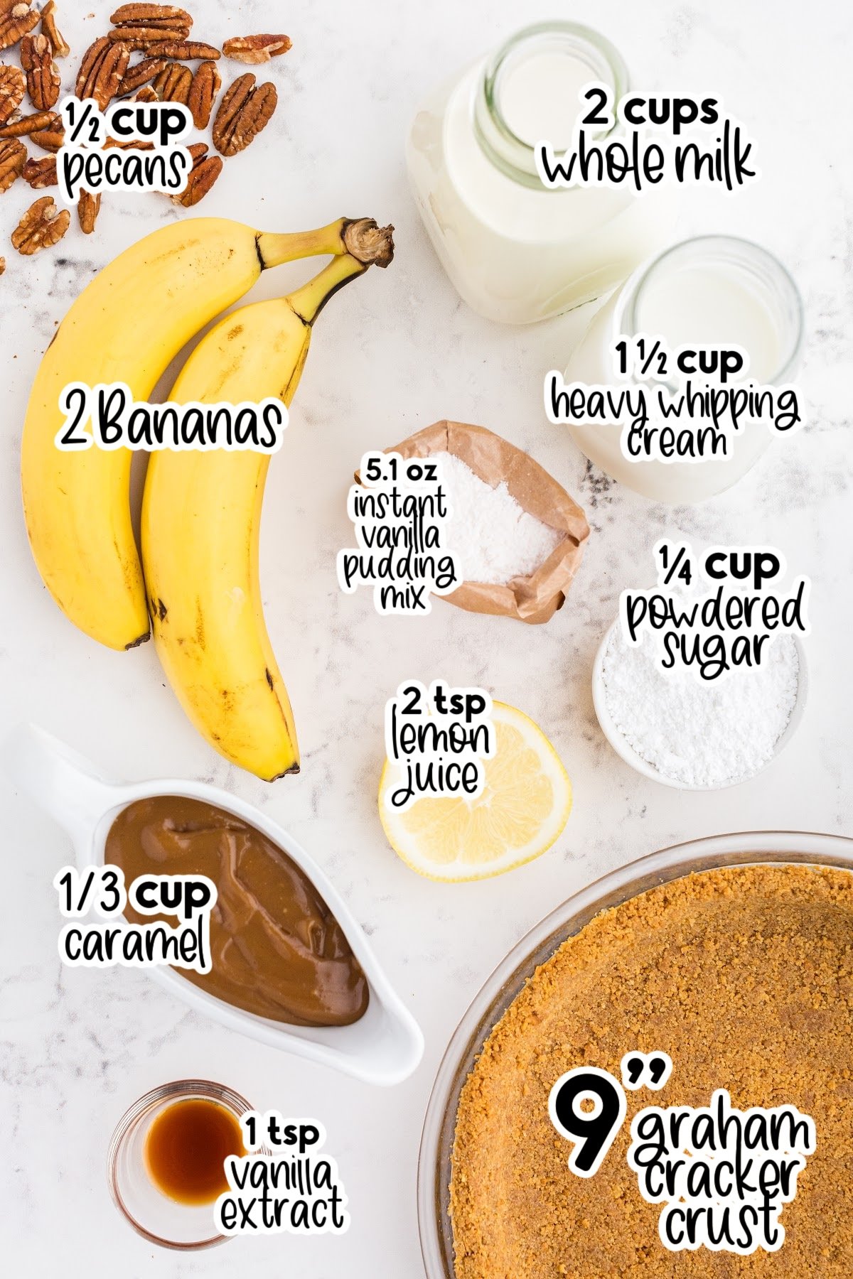 Ingredients needed for banana cream pie with graham cracker crust.