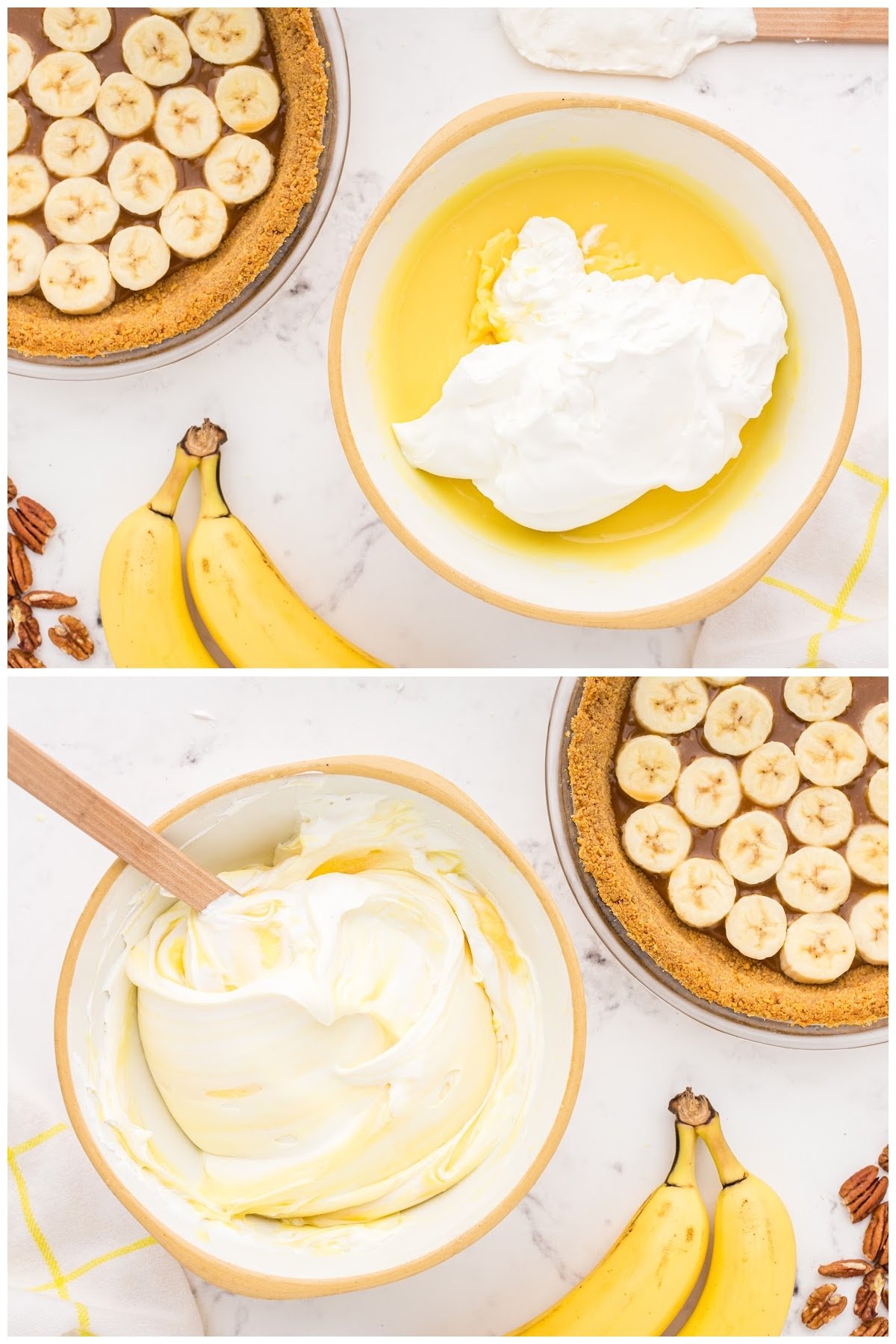 Folding the whipped cream into the banana pie filling.