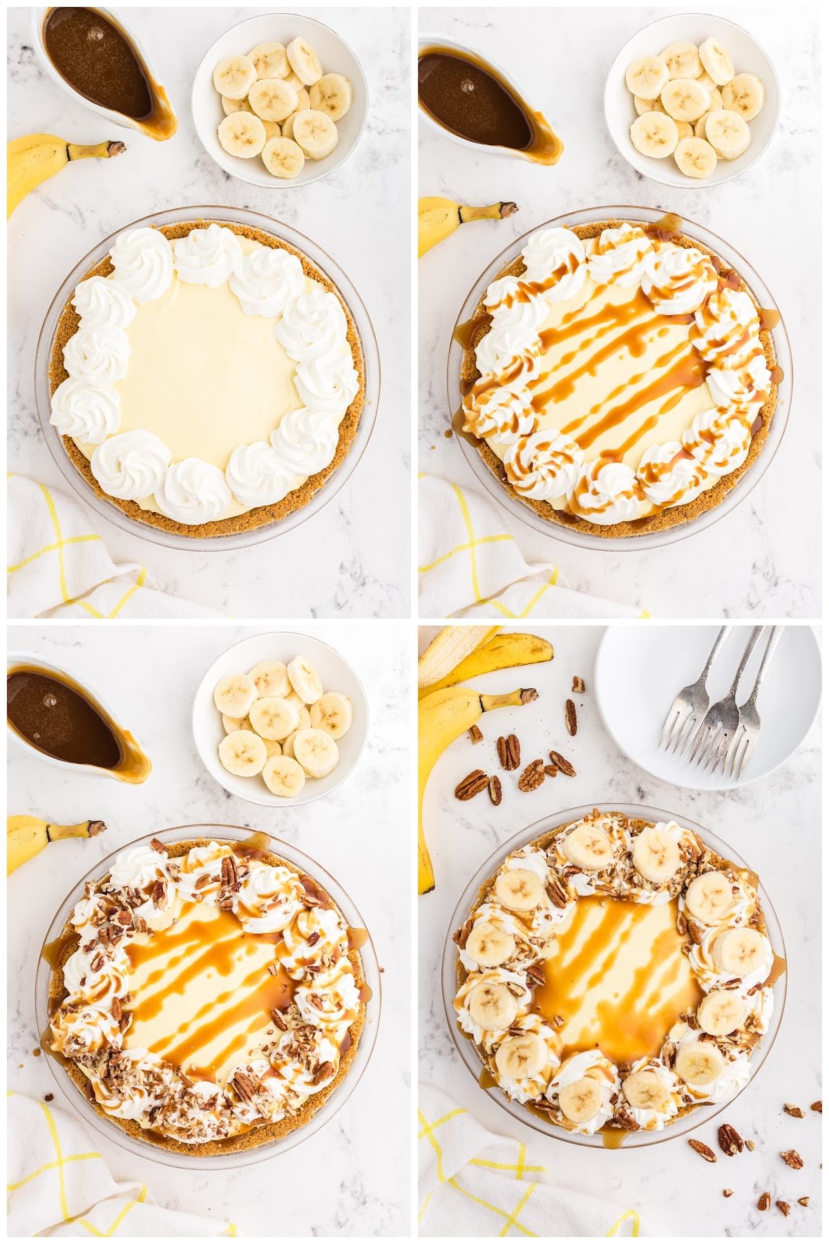 Decorating the banana cream pie with whipped cream, caramel drizzle, sliced bananas, and chopped pecans.