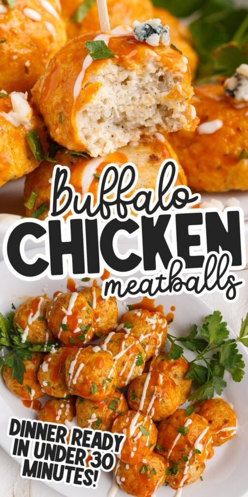 Buffalo Chicken Meatballs in a pile with text overlay.