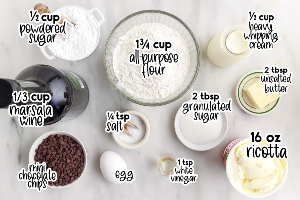 All ingredients to make this dessert in small bowls with text overlay.