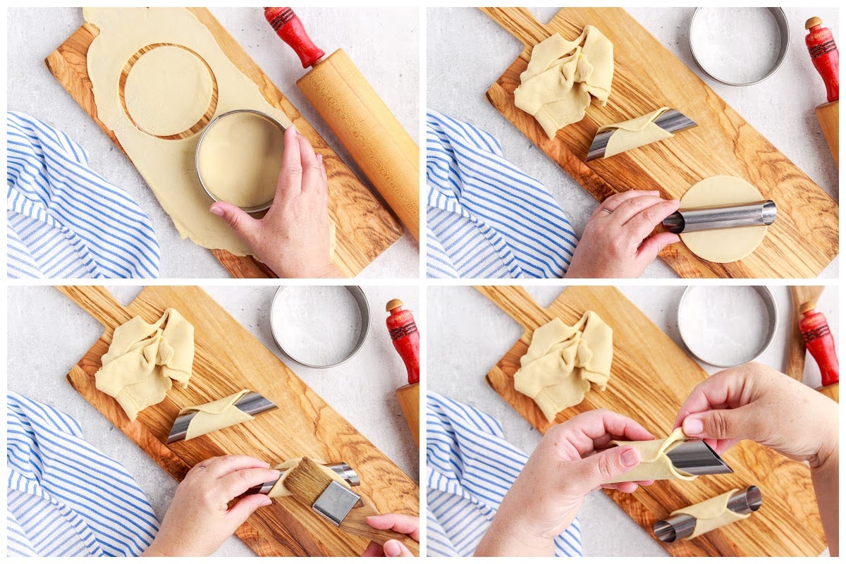 Four steps shown here including rolling the dough, cutting into circles and forming over the cannoli form.