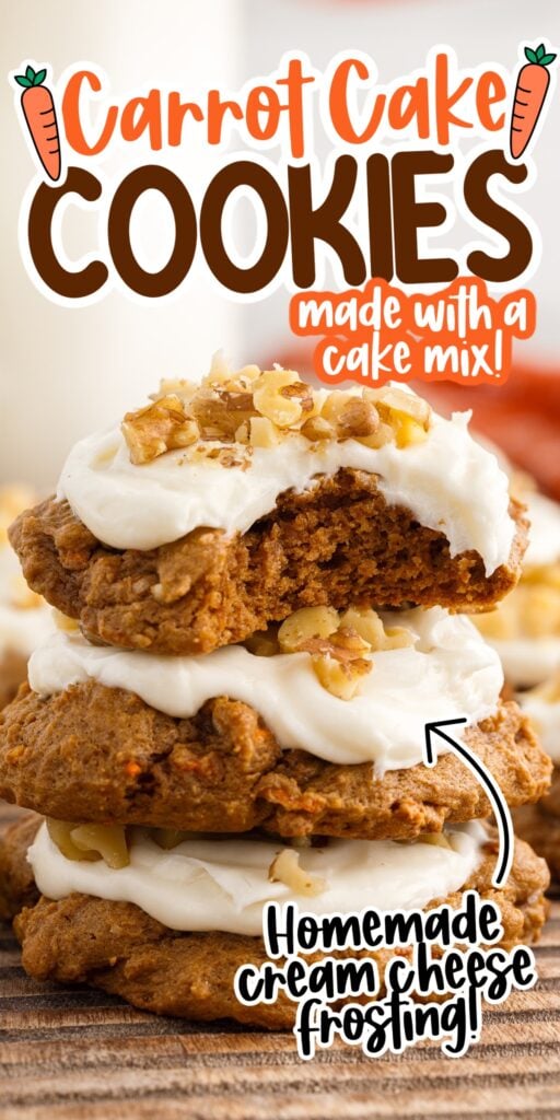 Carrot Cake Cookies with frosting on top and a bite out of the top cookie, and text overlay.