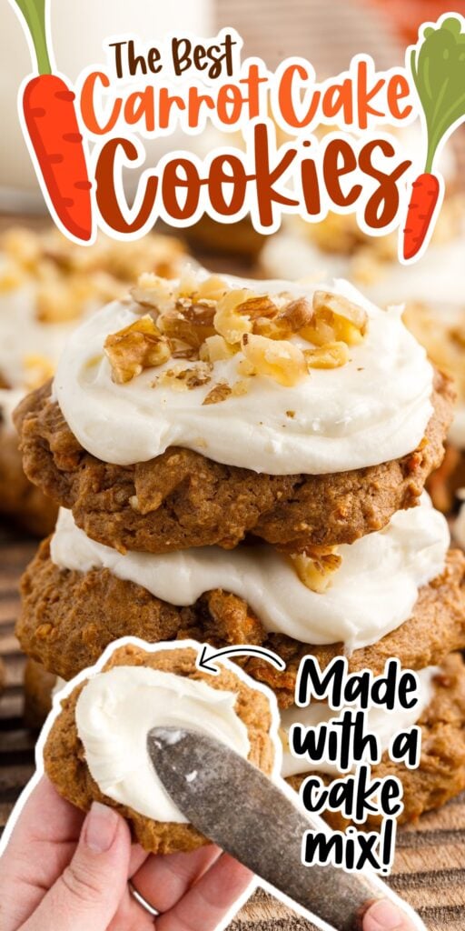 Carrot Cake Cookies with frosting on top, sprinkled with walnuts.