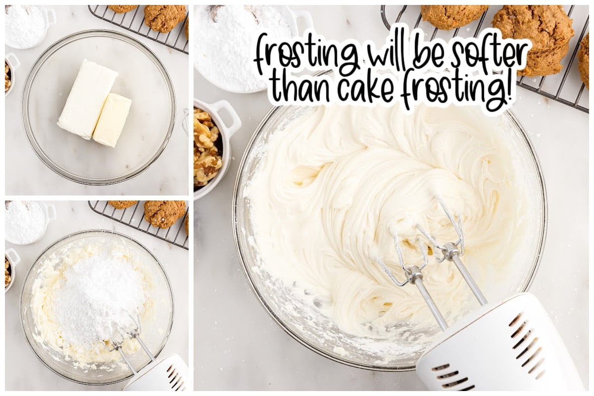 Mixing all frosting ingredients together in a bowl, with text overlay.