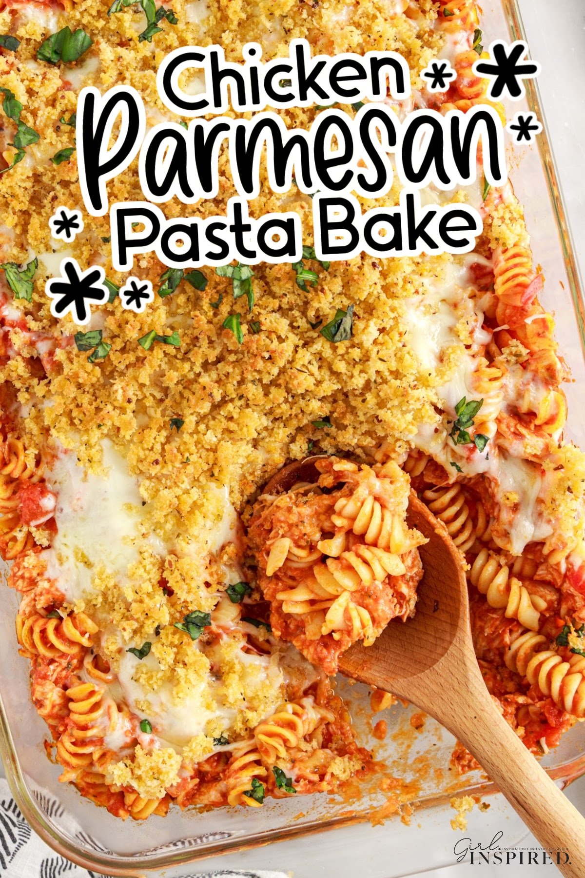 Chicken Parmesan Pasta Bake with panko crust and text overlay.