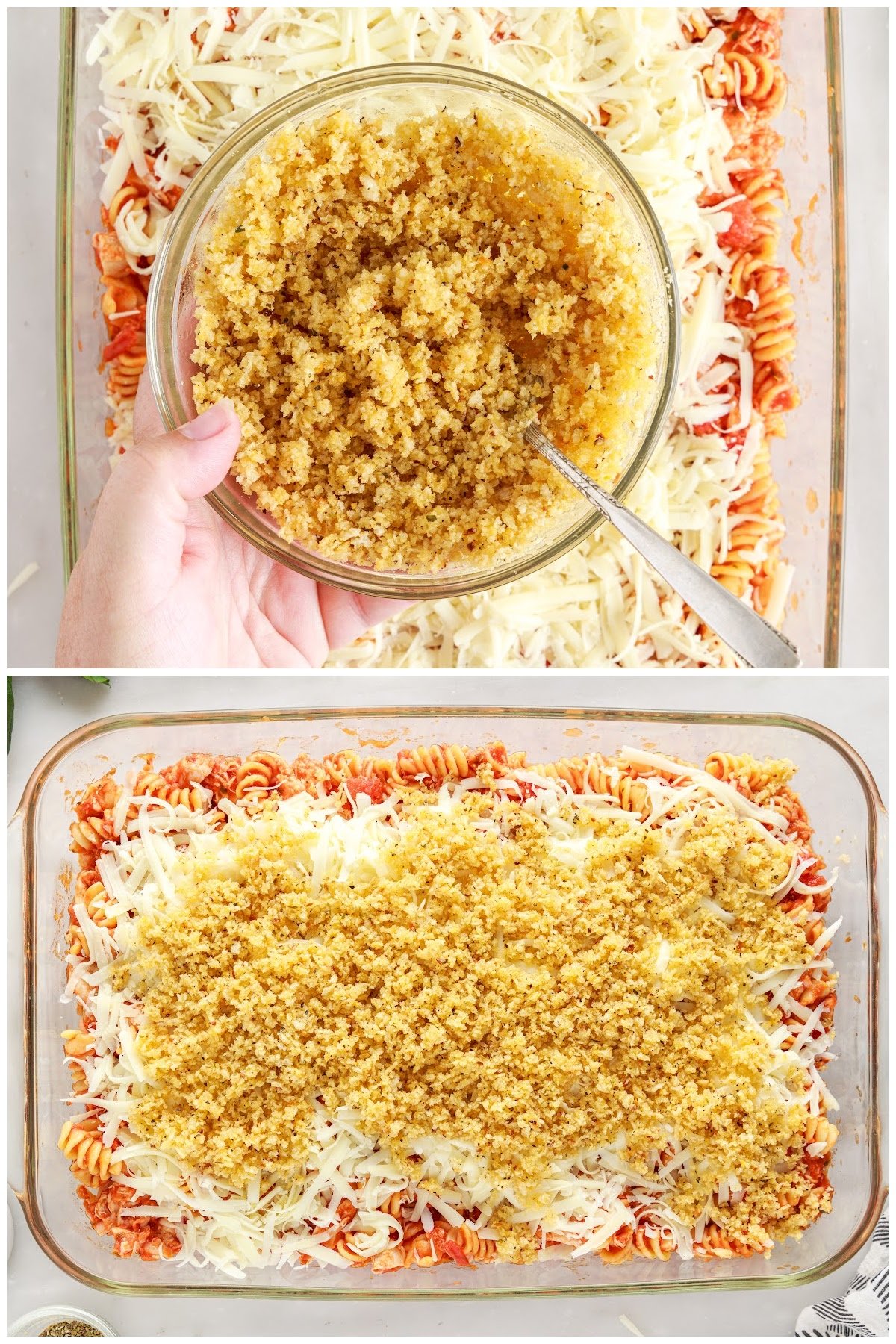 Bowl of Panko crust being mixed with butter and poured over the pasta bake.