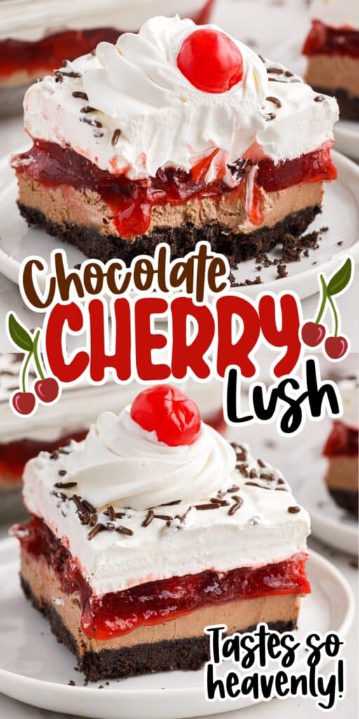 A slice of Chocolate Cherry Lush with text overlay.