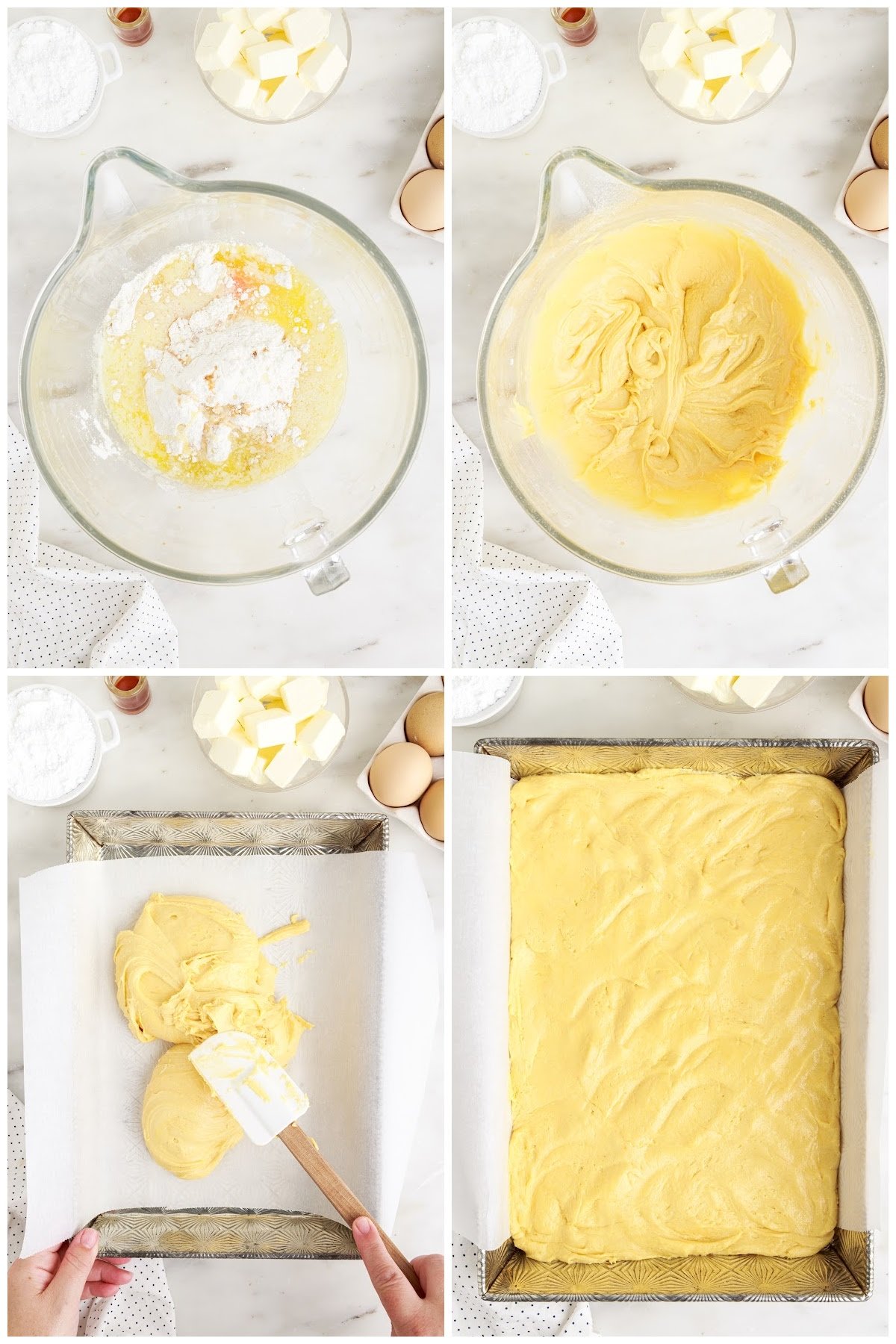 Four steps to being making the cake.  Mixing the boxed cake mix with other ingredients and pouring into a 13X9 baking dish.