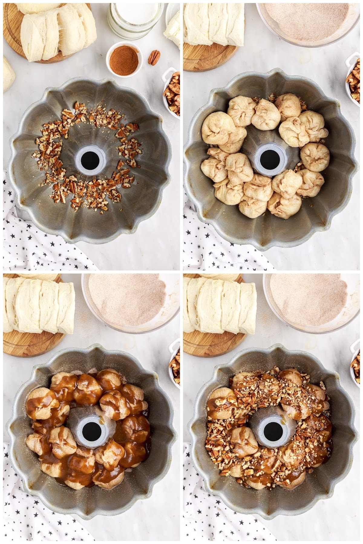 Showing 4 steps here including putting the nuts on the bottom of the bundt pan and putting rolled biscuits on top.
