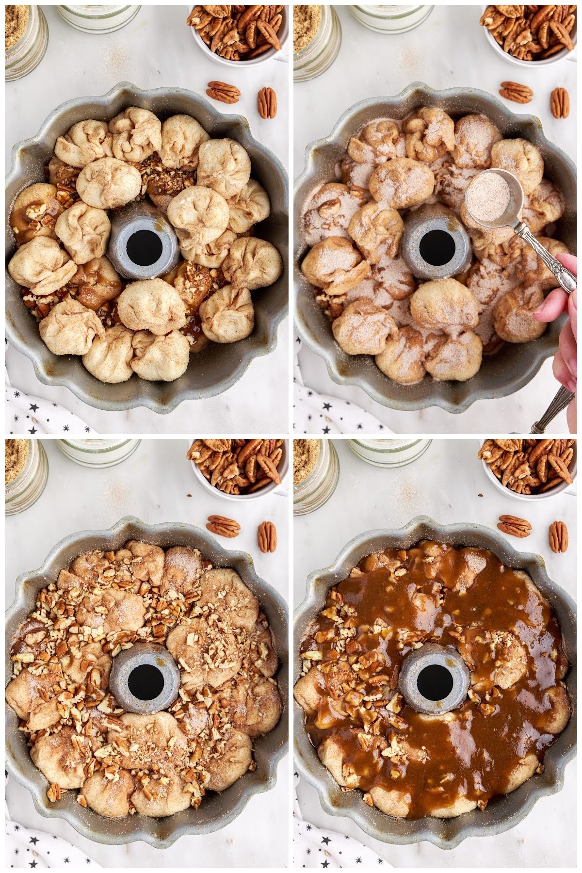 Four steps shown here including the layering of the stuffed biscuits and sugar into the bundt pan.