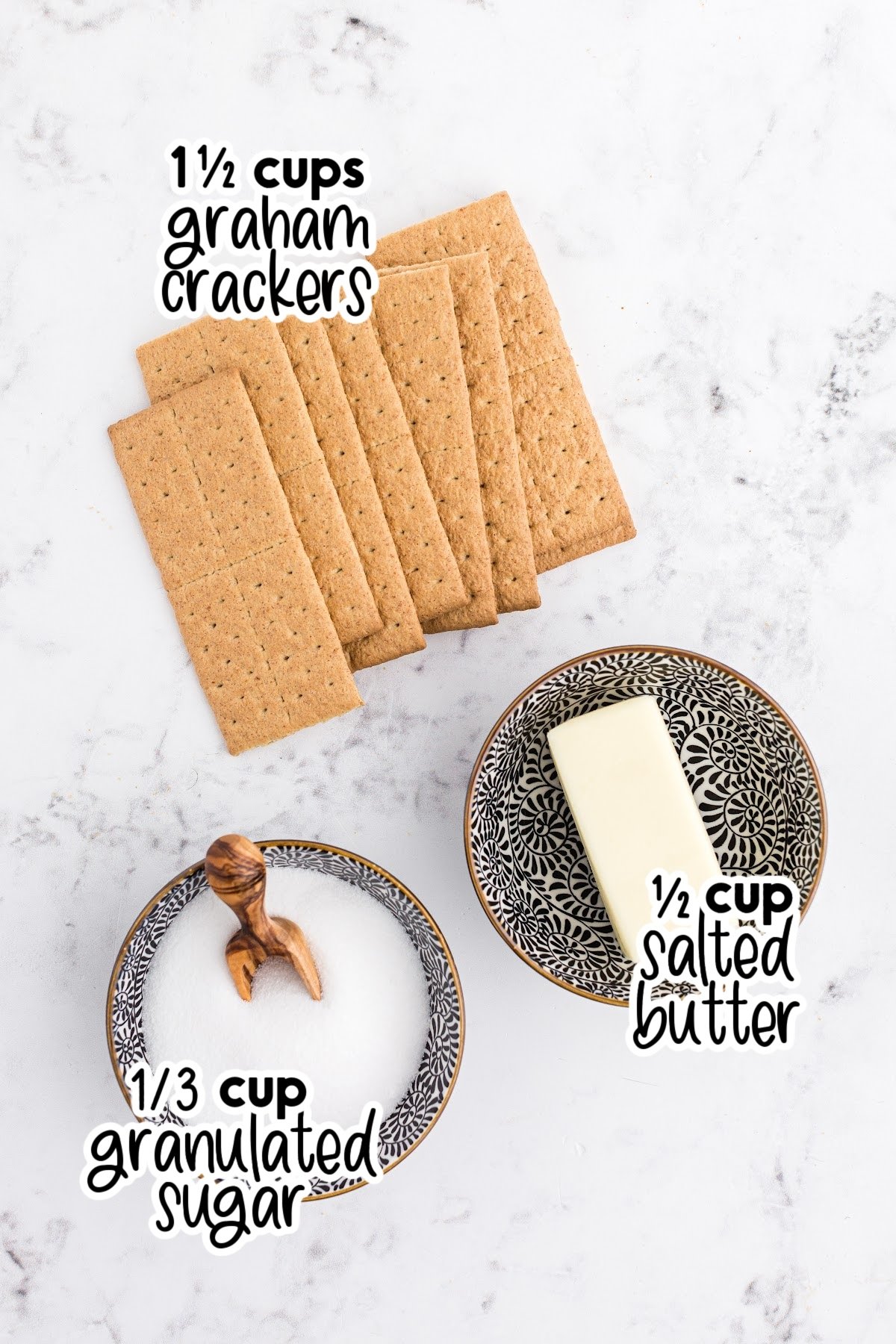 Ingredients needed to make the graham cracker pie crust recipe.