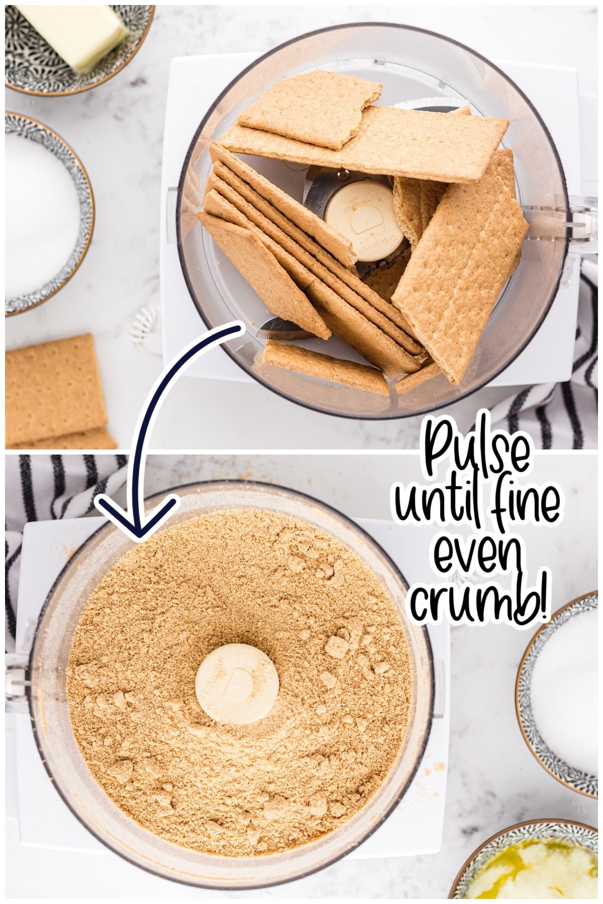 Pulsing graham crackers in a food processor.