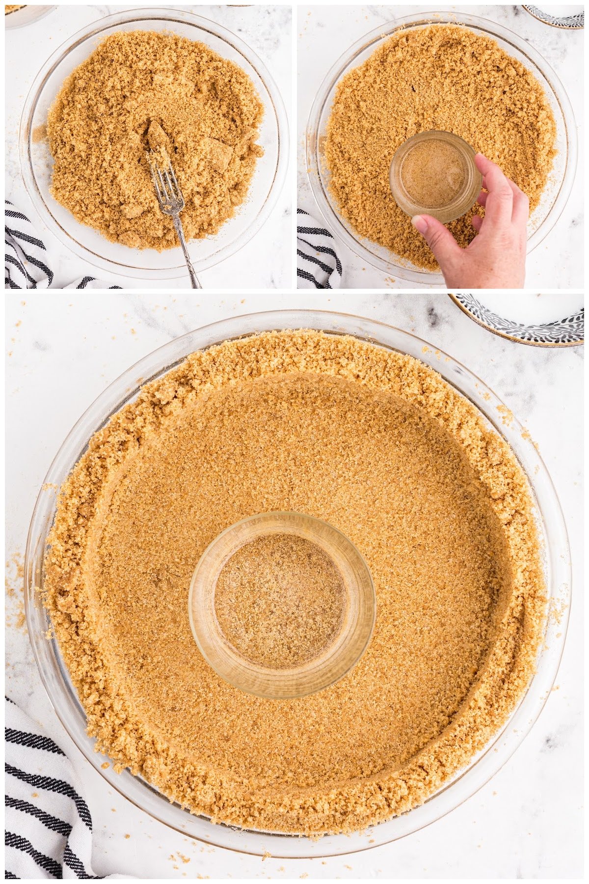 Using a small glass bowl to press the graham cracker crust into the bottom on a glass pie plate.