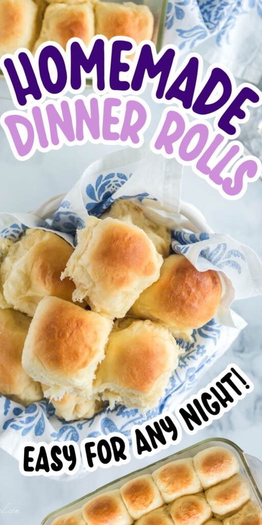 Sweet dinner rolls in basket with text overlay.
