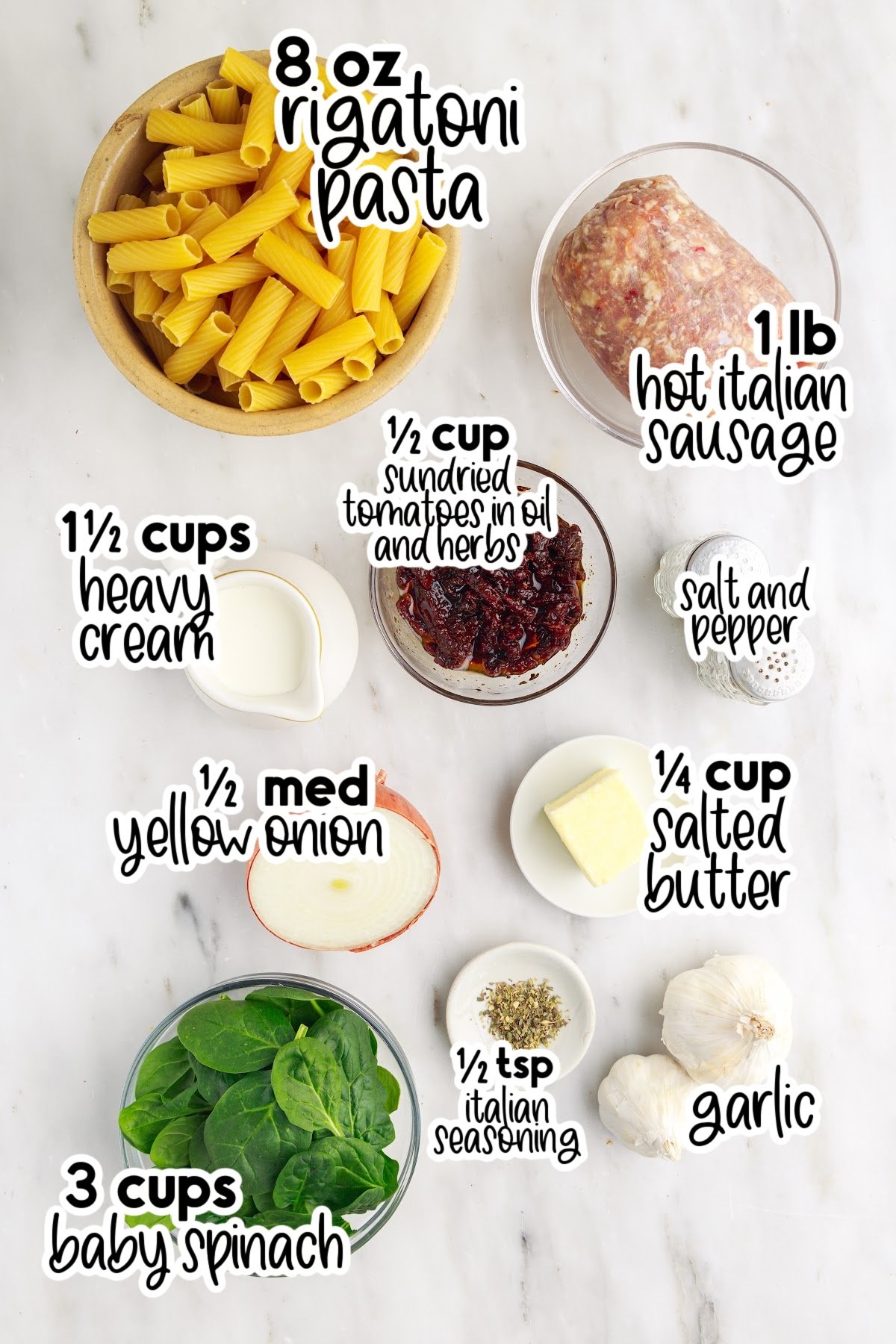 Ingredients needed to make Italian sausage pasta.